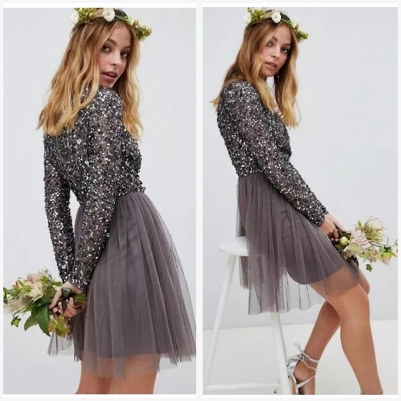 MAYA Embellished Beaded Long Sleeve Surplice Bridesmaid Mini Dress, Tulle Skirt - Picture 2 of 16